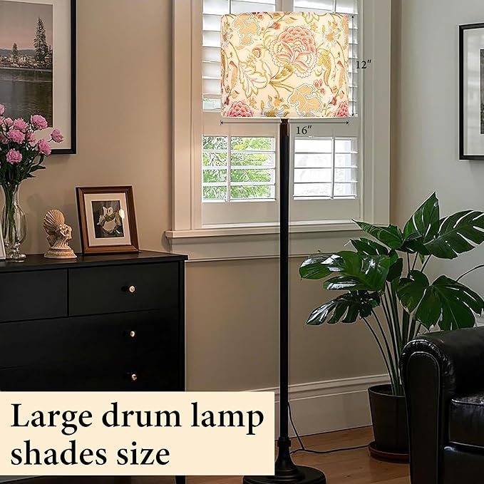 GO&SO 1 Pack Floral Large Drum Lamp Shade,16" x16" x12", 1.65" Spider E27 Base, Printed Pattern Design, DIY Assembly with Multi-Adapter (E26/E14/10mm), Perfect for Table/Floor Lamps/Pendant Lighting