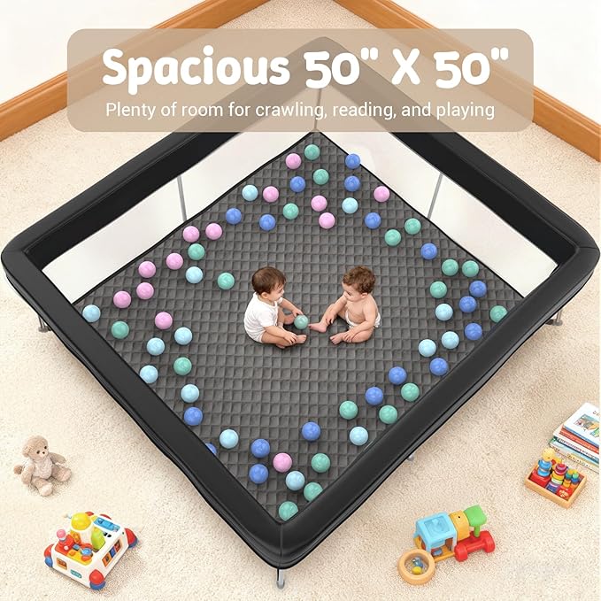 Foldable Baby Playpen 50x50 Inch, Portable Play Yard for Babies & Toddlers, Safety Fence Play Area with Mat, Balls, Pull Rings & Carry Bag, Indoor Outdoor Baby Activity Center, Black