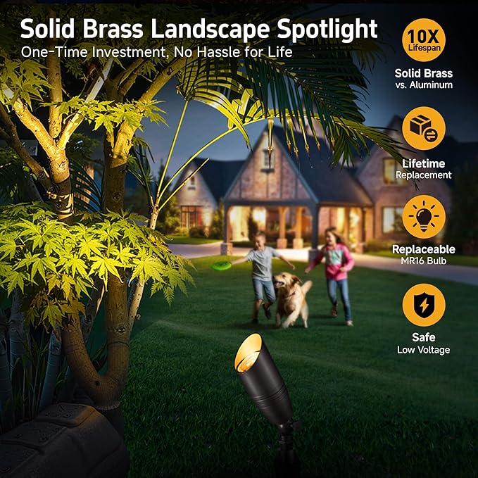 Gardenreet Low Voltage Spotlight LED - 12V Outdoor Light Fixture Weather Proof, Brass Landscape Lights Hardwired, Bronze Coastal for Flag Sign with Cool Light MR16 Removable Bulbs (10 Pack)