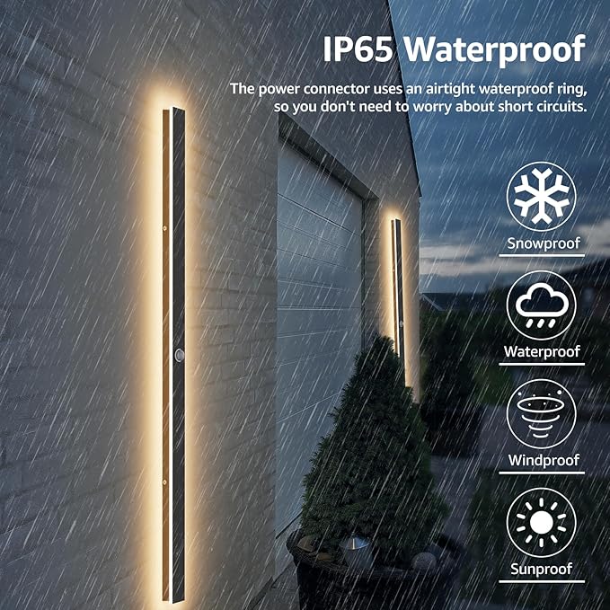 2 Pack 47.25inch Motion Sensor Long Outdoor Wall Lights 35W Black 3000K Warm White Motion Porch Lights IP65 Waterproof Exterior Wall Light Fixtures for Garage Patio Porch