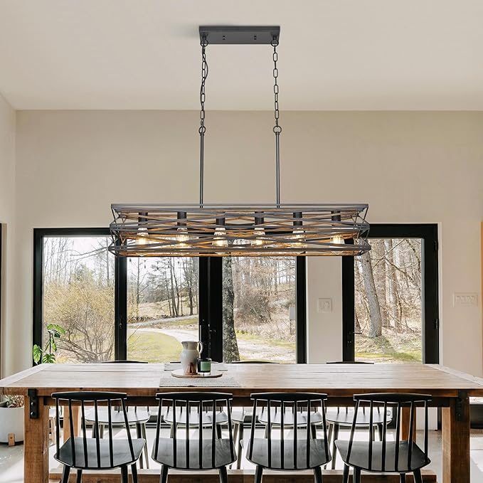 40''Large Farmhouse Rectangular Chandeliers for Dining Room,6-Light Black Matte Dining Light Fixture,Modern Industrial Pendant Lights Kitchen Island,Linear Chandelier with Retro Wood Texture Interior