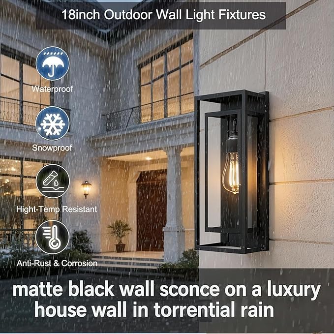 18inch Outdoor Wall Light Fixtures,Exterior Waterproof Lanterns,Porch Sconces Wall Mounted Lighting with E26 Sockets & Glass Shades,Modern Matte Black Wall Lamps for Patio Front Door Entryway (1 Pack)