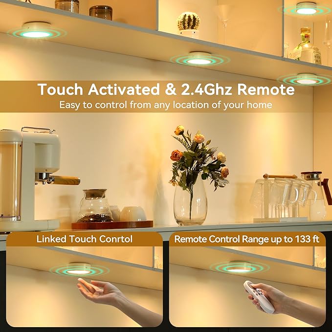 Groupable & Linkable LED Puck Lights Pro, 2.4G Remote Control, Rechargeable Under Cabinet Lighting, Tap & Touch Activated, 3 CCT & RGB Color Changing, Auto-Off Timer, 3 Pack - White