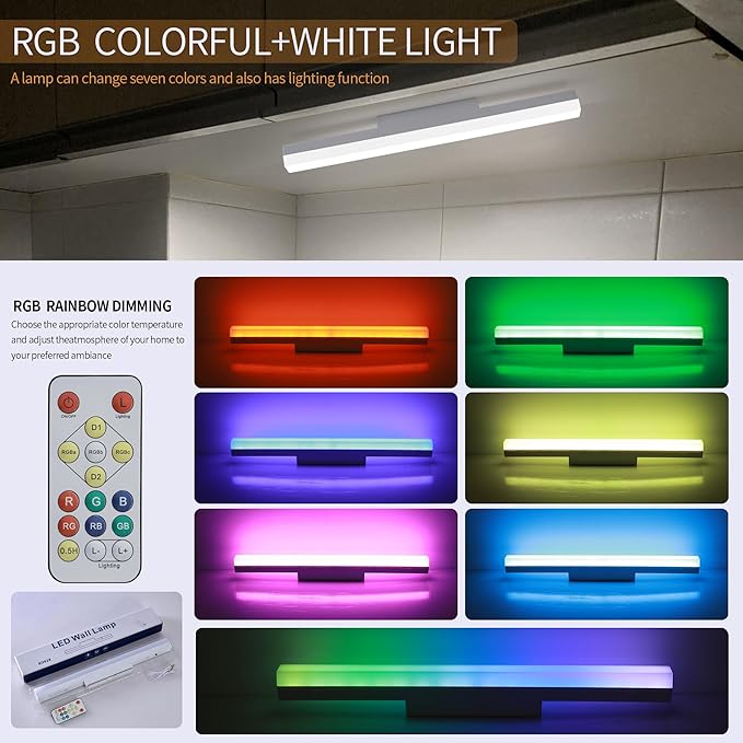 Rechargeable Battery LED Picture Light,Magnetic Wall Lights for Pictures with Remote Dimmable and Timer,6400K lighting and RGB atmosphere adjustment，Makeup mirror fill light (6400K+RGB, 2Pack)