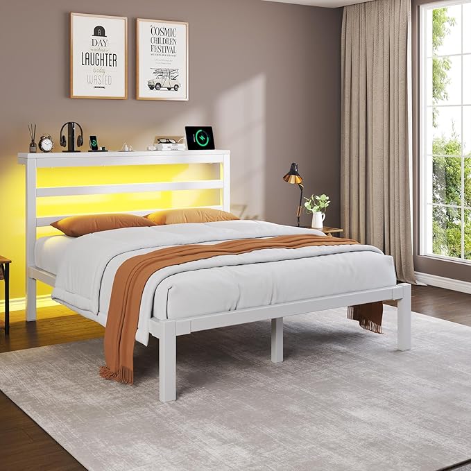 Queen Size Bed Frame with Storage Headboard, Industrial Platform Bed with Charging Station and LED Lights, Underbed Storage Space,Easy Assembly,No Box Spring Needed,Modern, White