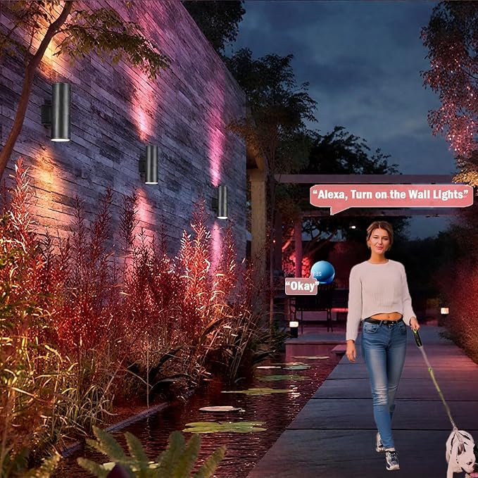 Exterior Double Up Down Outdoor Wall Lights,Mi.Light Remote Control RGB Color Changing 1000lm Warm White 3000k RGBW Cylinder Outdoor Wall Light,Smart LED Exterior Lighting (4 Pack)