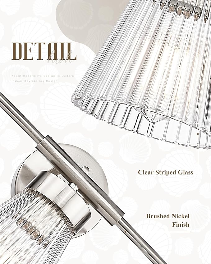 Brushed Nickel Bathroom Vanity Light, HWH 3-Light Vanity Lights for Bathroom Vanity Wall Lamp Over Mirror, Modern Vanity Light Fixtures with Striped Clear Glass, 5HZG97B-3W BN