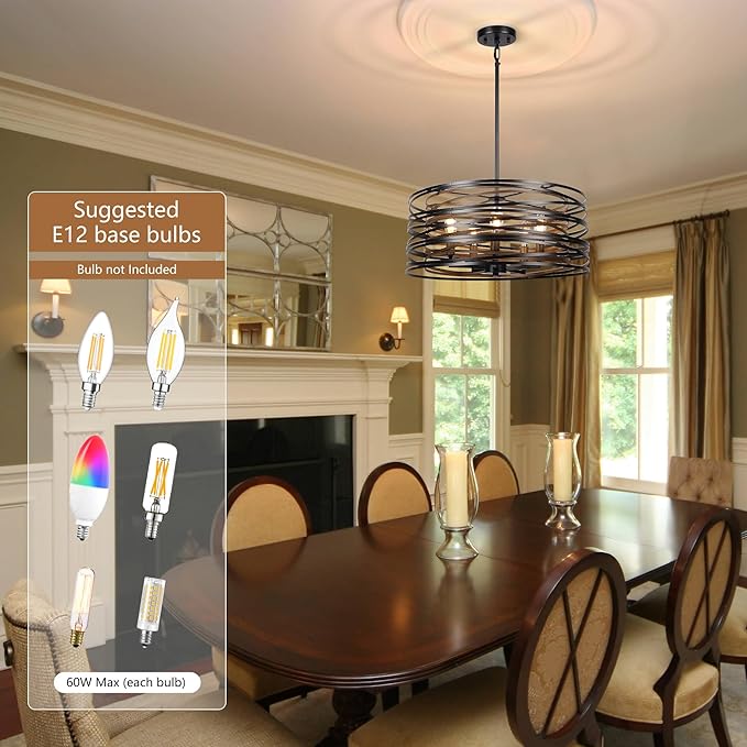 5-Light Drum Chandelier for Dining Room，19.7" Rustic Farmhouse Dining Room Light Fixture，Wood Grain and Vintage Black Metal Chandeliers for Kitchen Entryway Living Room