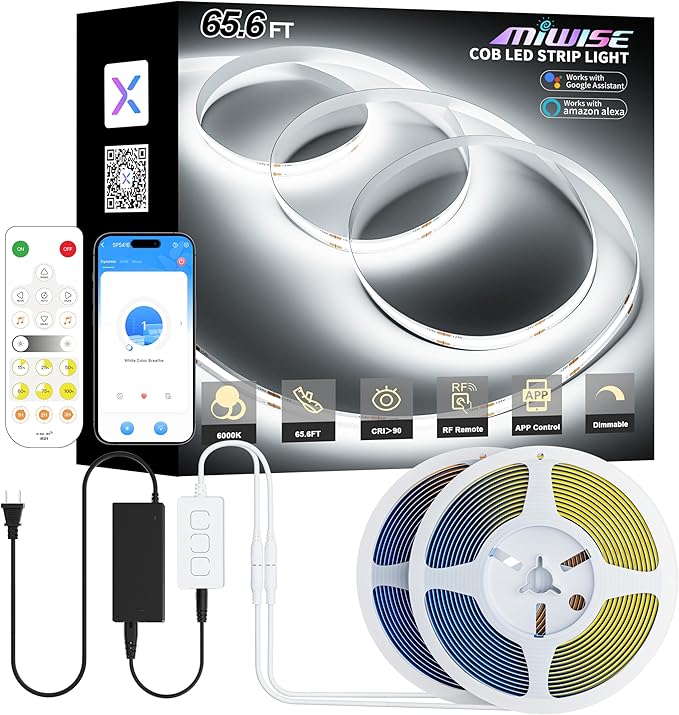 MIWISE COB LED Strip Lights 65.6ft/20m,UL-Listed CRI 90+ Dimmable 6000K Daylight White Super Bright,with APP Control/RF Remote,Work with Alexa/Google,for Cabinet/Bedroom/Kitchen DIY Lighting Projects