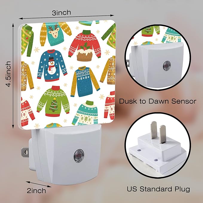 Christmas Ugly Sweaters Night Light for Kids, Winter Holiday Sweaters Night Light Plug in with Dusk to Dawn Sensor, 0.5w Energy Saving Sleep Friendly Nightlight for Hallway Stairway Kitchen Bedroom