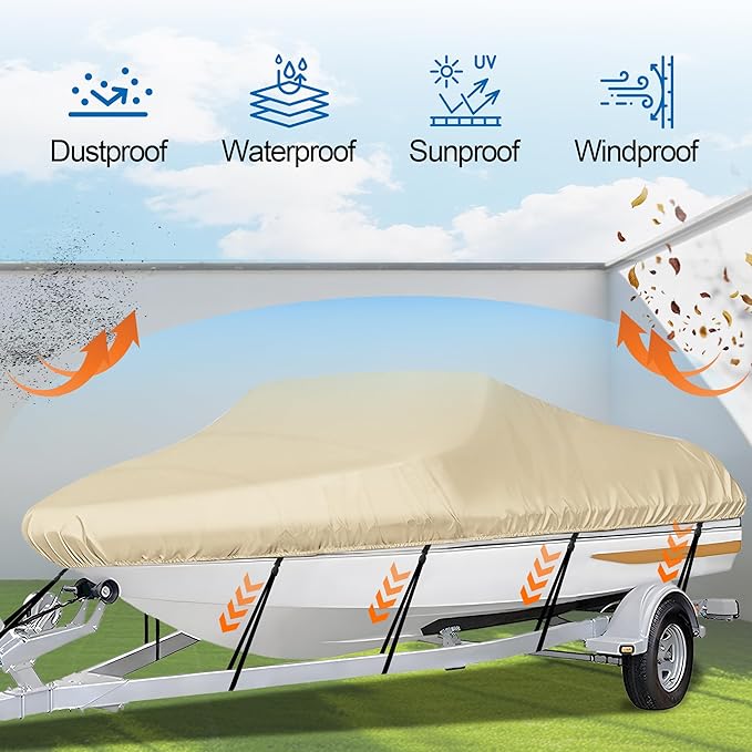 iCOVER Trailerable Boat Cover- 14'-16' Heavy Duty Waterproof Tarp Covers, Fits V-Hull, Fish&Ski, Pro-Style, Fishing, Runabout, Bass Boats, up to 14ft-16ft Long and 68" Wide