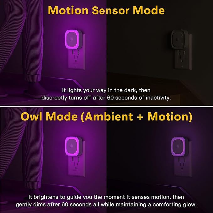 2 Pack Plug in Night Light with Motion Sensor & Dusk to Dawn Sensor, 3 Sensor Modes, Purple Night Lights Plug into Wall, Dimmable Calming Glow for Meditation, Relaxation, Bathroom, Bedroom