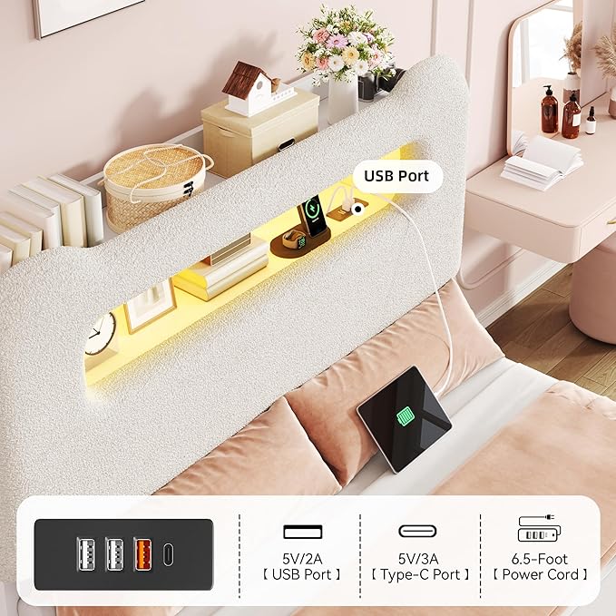 YITAHOME Twin Size Bed Frame, LED Bed Frame with Storage Headboard, Boucle Upholstered Bed with Outlet & USB Ports, No Box Spring Needed, Easy Assembly, Cream