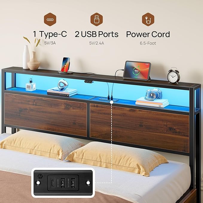 Rolanstar Full Size Bed Frame with 4 Storage Drawers, Charging Station and LED Lights, Metal Platform Bed with 2-Tier Storage Headboard, No Box Spring Needed, Easy Assembly, Noise-Free, Walnut