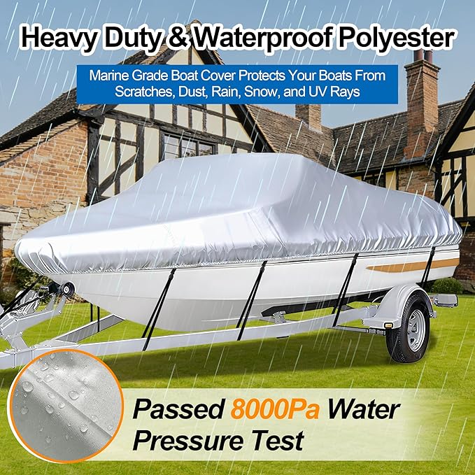 iCOVER Trailerable Boat Cover- 14'-16' Heavy Duty Waterproof Tarp Covers, Fits V-Hull, Fish&Ski, Pro-Style, Fishing, Runabout, Bass Boats, up to 14ft-16ft Long X 90" Wide