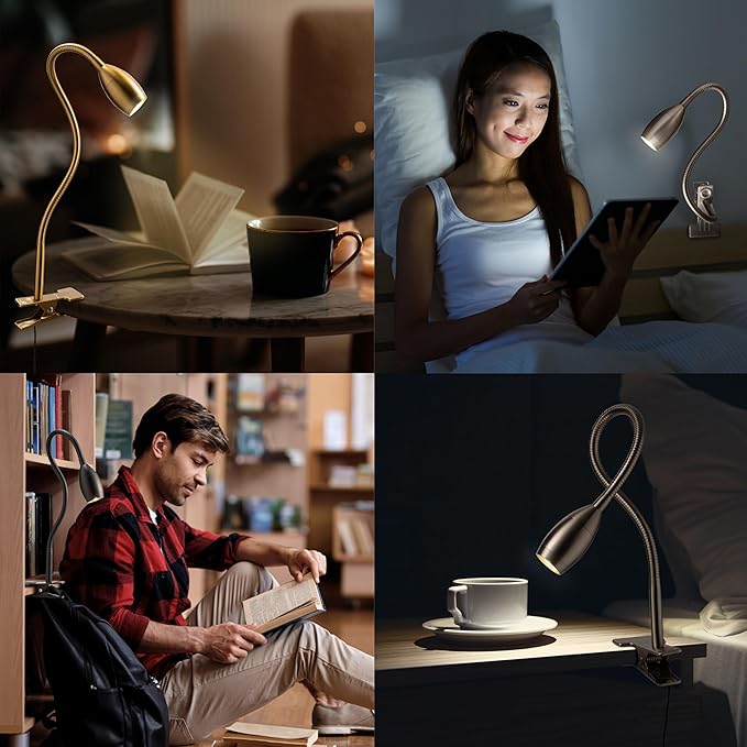 O'Bright Lumos - Versatile Clip-on Lamp: Zoomable Spotlight, Dimmable LED, Flexible Gooseneck, 4000K Light, 100% Metal Clamp - Ideal for Reading, Crafting, Work, and Headboards, Antique Brass