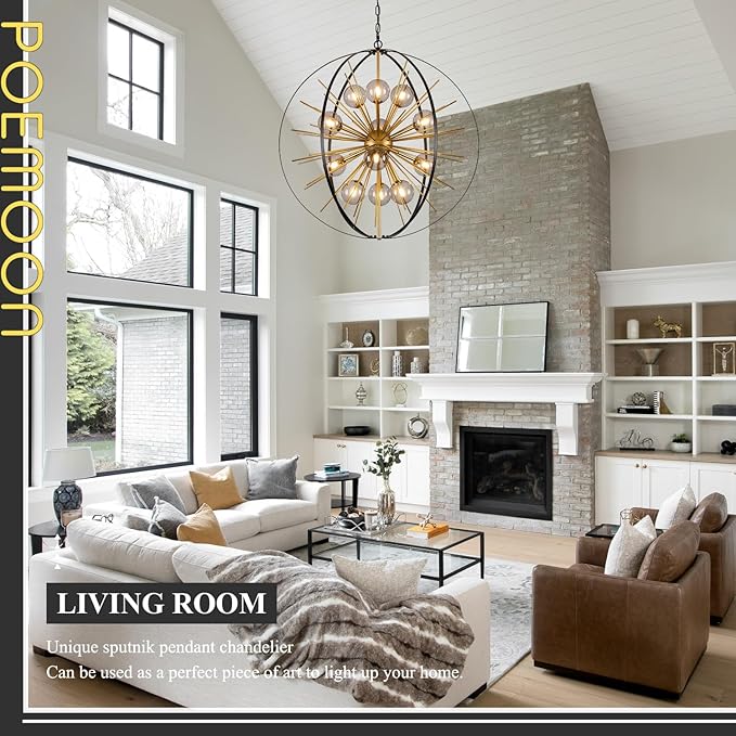Large 31" Black Gold Mid Century Sputnik Chandelier 12 Lights Modern Ceiling Firework Globe Pendant Lighting with Smoke Class Lampshades for Foyer Staircase Entryway Living Dining Room