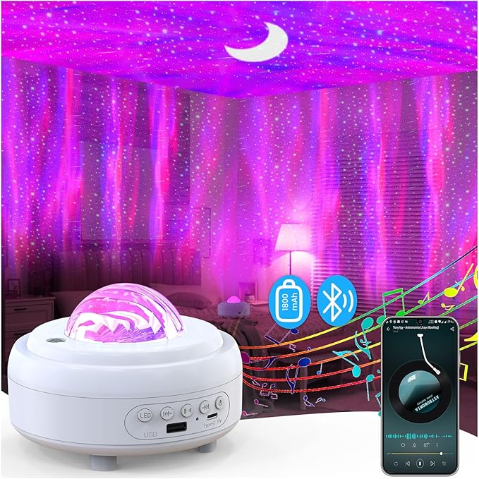 Star Projector with Bluetooth Speaker, 1800mAh Battery Operated Night Light Galaxy Projector, Northern Lights Aurora Projector with Moon, Mood Ambient Lighting for Bedroom Kids Girls Adults