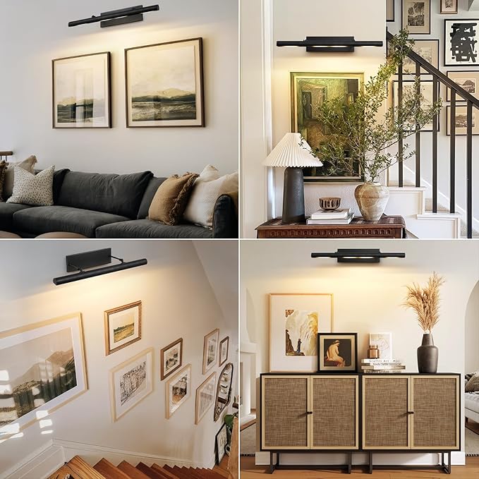 Art Picture Frame Wall Light: 30" Black Retro Swing Arm Artwork Spotlights - Dimmable Slim Brass 4 Lights over Photo Framed - Decorative Wall Lighting above Sculpture for Gallery Museum Bulbs Included
