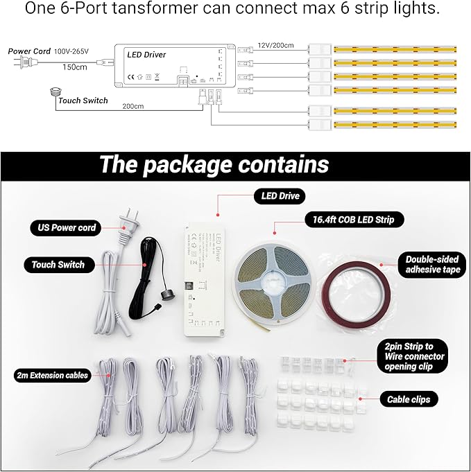 HAMRVL Shelf Lights, 16.4ft 12V COB LED Strip Light with Dimmer and Transformer, Dimmable LED Strip Lights for Bookcase, Cuttable 4000K Natural White Tape Lights for Kitchen Cabinet, Counter Shelf