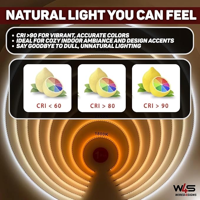 Wired4Signs Decor Indoor LED Strip Light 24V Dimmable Flexible High CRI 90+ Accent Cove Crown Molding Under Cabinet Baseboard Ambient White 5M (Natural White 4000K, 60 LEDs/m (2.6W/m))