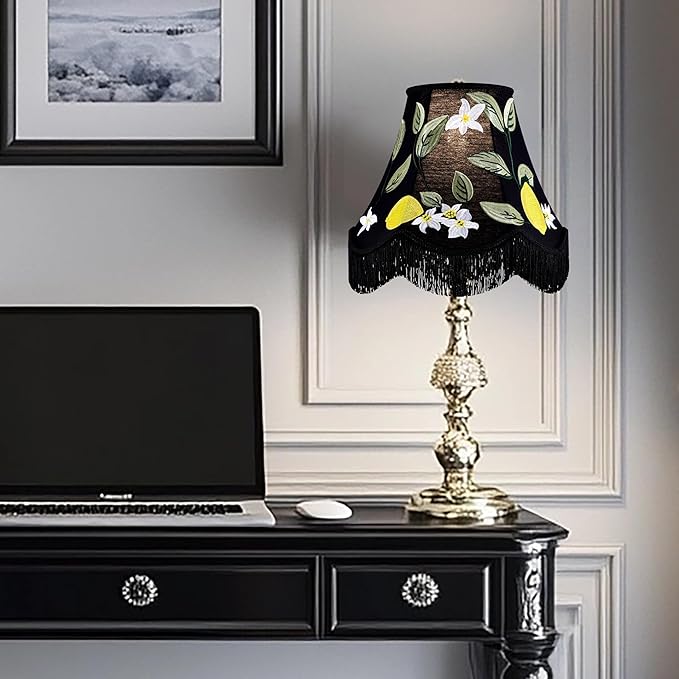 GO&SO Black Floral Embroidery Bell Lamp Shades Set of 1,Handcrafted Silk Petal Edge with Fringe Trim,6"x13"x10.6"(Spider),Vintage Ornate Lamp Shade Replacement for Table,Floor Lamps,Easy Assembly
