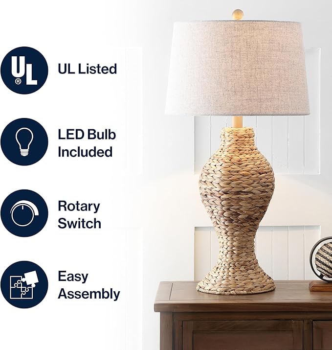 JONATHAN Y JYL1015A 31" Tall Coastal Table Lamp, Natural Woven Water Hyacinth Boho Accent Lamp with Gray Linen Shade for Living Room, Bedroom, Farmhouse Bedside End Table, LED Bulb Included