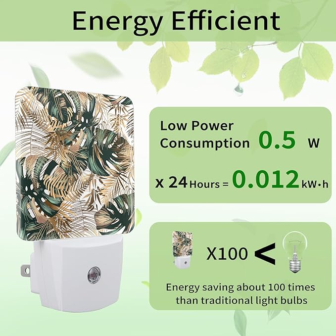 Green Gold Leaf Night Light, Tropical Palm Night Light Plug into Wall with Dusk to Dawn Sensor, LED Lamp Energy Saving Lights for Men Women Boys Girls,Lamp for Bedroom Bathroom Hallway