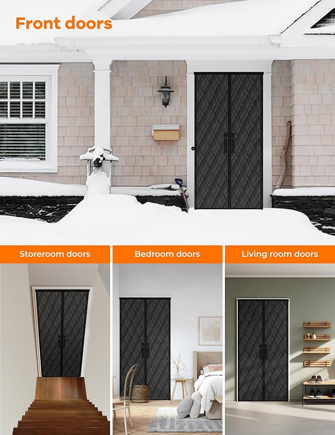 Insulated Door Curtains for Doorways/Front/Back/Basement, Fit Size up to 36 x 82 Inches, Magnetic Thermal Door Cover for Winter, Oxford Filled with Thick Cotton to Keep Warm, Black, Diamond