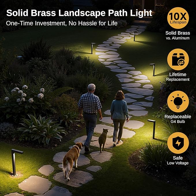 Gardenreet Brass Outdoor Garden Lights, Black Low Voltage Wired Landscape Path Lights, 12V Waterproof Bronze L Shape Pathway Lights for Walkway Sideway Patio with 3W 270LM 5000K G4 Bulb 10 Pack