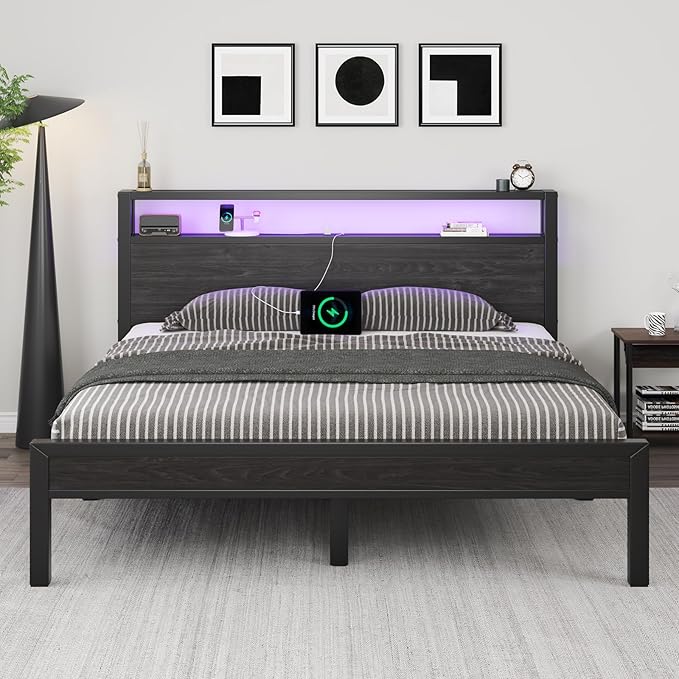 Full Size Bed Frame with Storage Headboard, Industrial Platform Bed with Charging Station and LED Lights, Heavy Duty Metal Slats, No Box Spring Need, Noise Free, Black