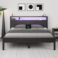 Full Size Bed Frame with Storage Headboard, Industrial Platform Bed with Charging Station and LED Lights, Heavy Duty Metal Slats, No Box Spring Need, Noise Free, Black