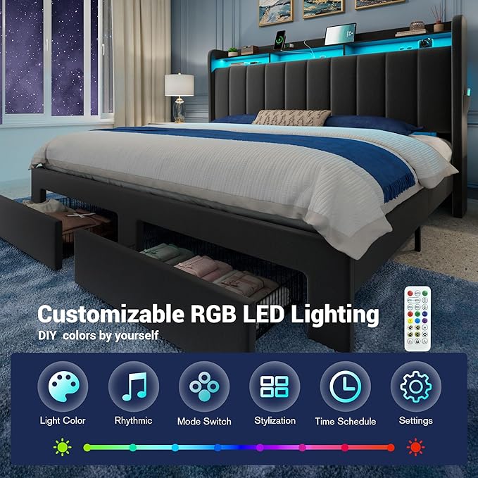 Allewie Velvet Vertical Tufted King Size Upholstered Platform Bed Frame with 2-Tier LED Storage Headboard & 2 Storage Drawers, USB & Type-C Charging Ports, Noise-Free/No Box Spring Needed, Black