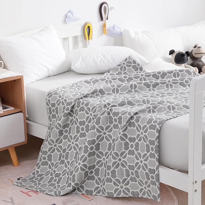 NTBAY 3 Layer Toddler Blanket, Muslin Cotton Jacquard Bed Blankets, Lightweight Thermal Baby Blanket, Super Soft and Warm Crib Blanket for All Seasons, Decoration Gift, 30"x40", Grey Clover