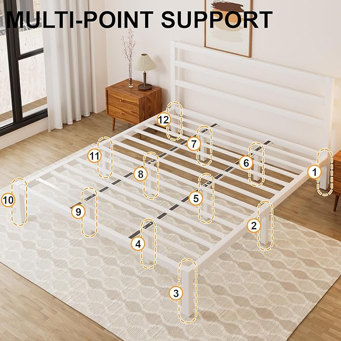 King Size Bed Frame, Metal Platform Bed Frame with Headboard and Footboard, Underbed Storage Space, No Box Spring Needed, Easy Assembly, Modern, White