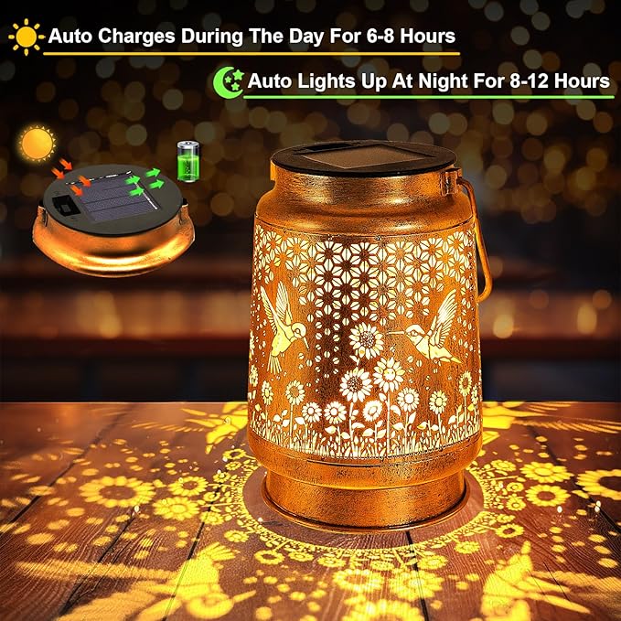 Hummingbird Solar Lanterns Outdoor Garden Decor, Christmas Gifts for Women Mom Grandma, Hanging Metal Solar Lights Waterproof LED Decoration with Shepherd Hook Outside for Yard Patio Lawn Porch