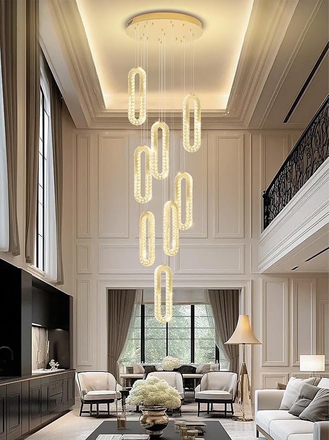 Modern Led Gold Chandelier Adjustable 8 Rings Crystal Chandelier for Foyer Stairwell Crystal High Ceiling Pendant Light Dimmable 2700K-6000K