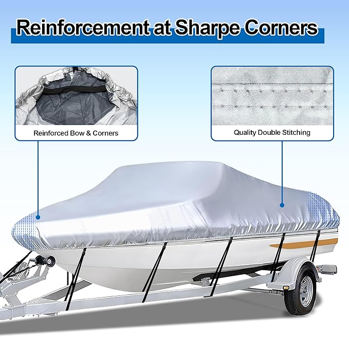 iCOVER Trailerable Boat Cover with Support Pole- 17'-19' Heavy Duty Waterproof Tarp Covers, Fits V-Hull, Fish&Ski, Pro-Style, Fishing, Runabout, Bass Boats, up to 17ft-19ft Long X 96" Wide