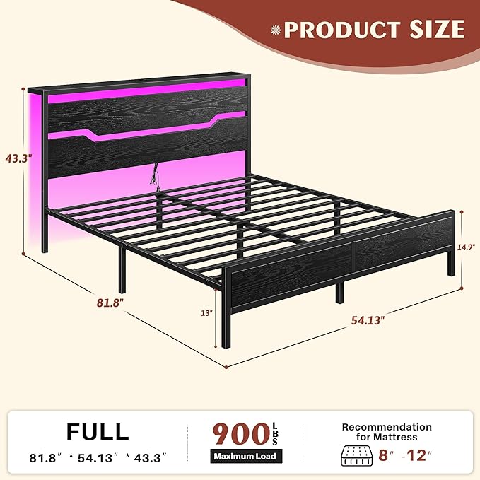 Full Size Bed Frame with LED Lights & Charging Station, Bed Frame Full with Storage Headboard,13" Under Bed Storage, No Box Spring Needed,No Noise, Easy Assembly,Modern Black