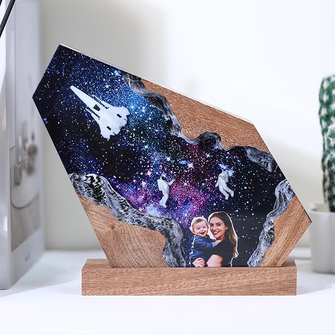 Custom Photo Space Resin Lamp - Handmade Galaxy Resin Night Light with Variable Lights, Unique Valentines Day Gifts for Him Her Kids, Personalized Birthday Gifts for Women Men Wife Husband (8"x5")