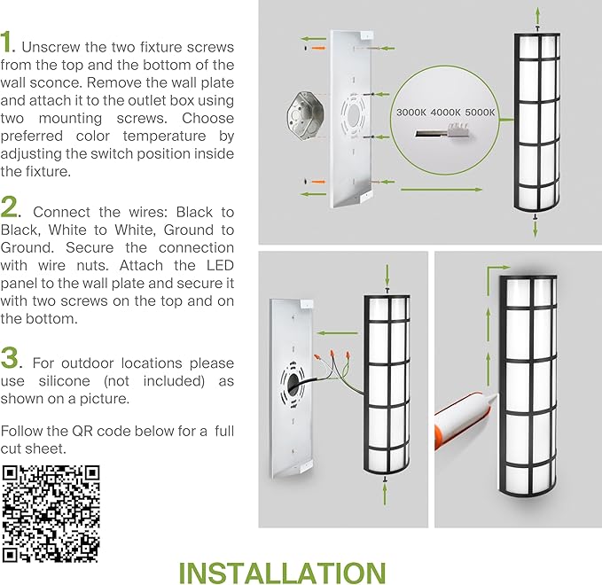 ASD 36 Inch LED Outdoor Wall Mount Light Fixture with Grid - Matte Black Modern Wall Sconce - 30W 120-277V 3000K 4000K 5000K Adjustable - Dimmable Exterior Lights - Front Door, Patio - ETL 2 Pack