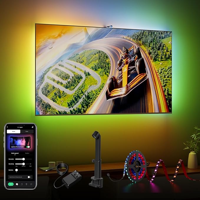 TV Backlight LED 15ft - TV Backlight Sync to Screen PC Monitor for 55-75 Inch RGB LED Strip Lights Cuttable with Sensor Smart App Control Game & Music Sync Color Changing Light for Home Decor