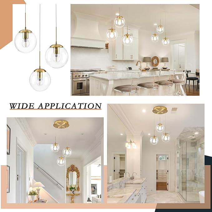 KoKo&Yukina 3-Light Globe Glass Pendant Light Modern Gold Clear Globe Glass Chandelier Adjustable Length Pendant Lights Fixtures High Ceiling Light for Kitchen Island Foyer (Bulb & Remote Incl.)