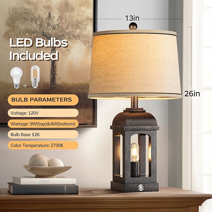 QiMH Table Lamp for Living Room, Farmhouse Lamps with USB A+C and Nightlight, 26" Rustic Bedside Lamps with 3-Way Dimmable Touch Control, Nightstand Lamp for Bedroom, Bronze, 1 Pack
