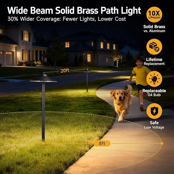 Gardenreet Brass Low Voltage Landscape Lighting - 12V LED Path Light IP65 Waterproof, Pathway Outside Lights for Yard Walkway Garden with 3W 3000K Soft White G4 Replaceable Bulb (12 Pack)