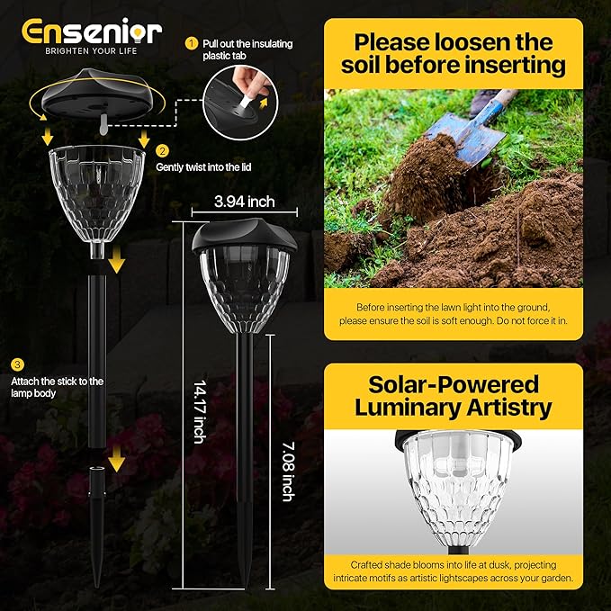 Ensenior 8-Pack Solar Lights Outdoor, 14.17" Auto ON/Off 6500K LED Solar Garden Lights for Pathway, Yard, Patio, Walkway, Planter, Waterproof, Energy-Efficient Landscape Lighting