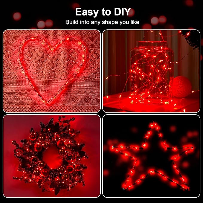 2 Pack 16.4ft Battery Operated String Lights with Timer, Red with Synchronized Twinkle Mode, Fairy Lights Battery Powered, 50 LEDs, Idea for Christmas Bedroom Party Wedding