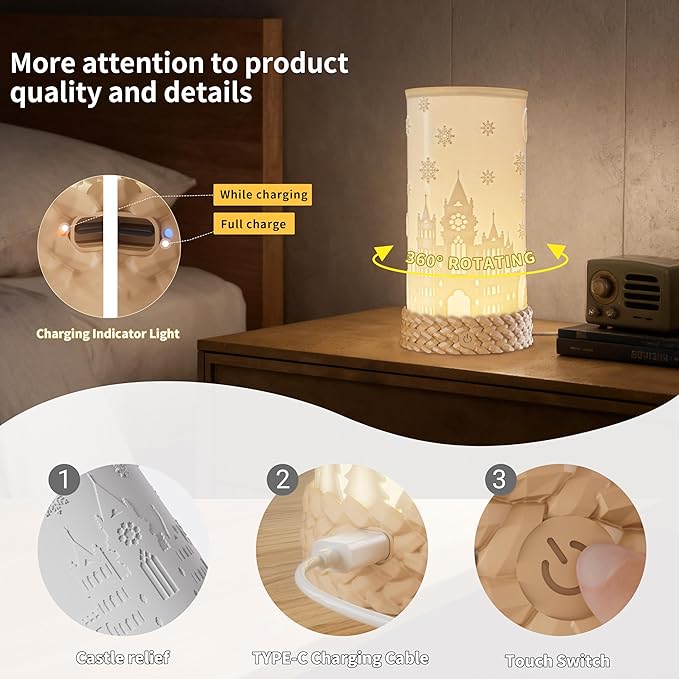 Bedside Table Lamp for Bedroom - 3 Color Temperatures Nightstand Ambience Lamps with USB C Charging, 360 Degree Rotating Shade Touch LED Lamp for Living Room, College Dorm