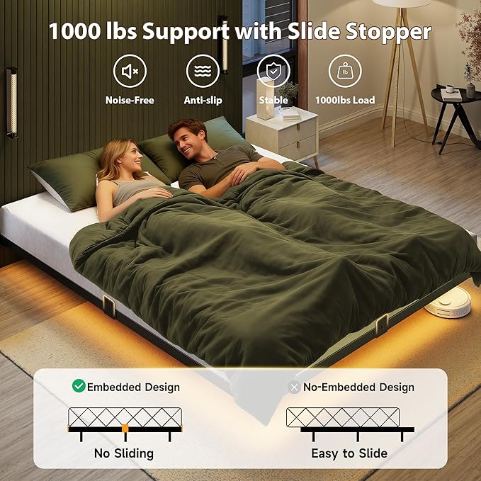 Bed Frame Full Size, Floating Full Bed Frame with LED Lights & Charging Station, Modern Metal Platform Bed Frame with Mattress Slide Stopper, Noise-Free, No Box Spring Needed, Easy Assembly