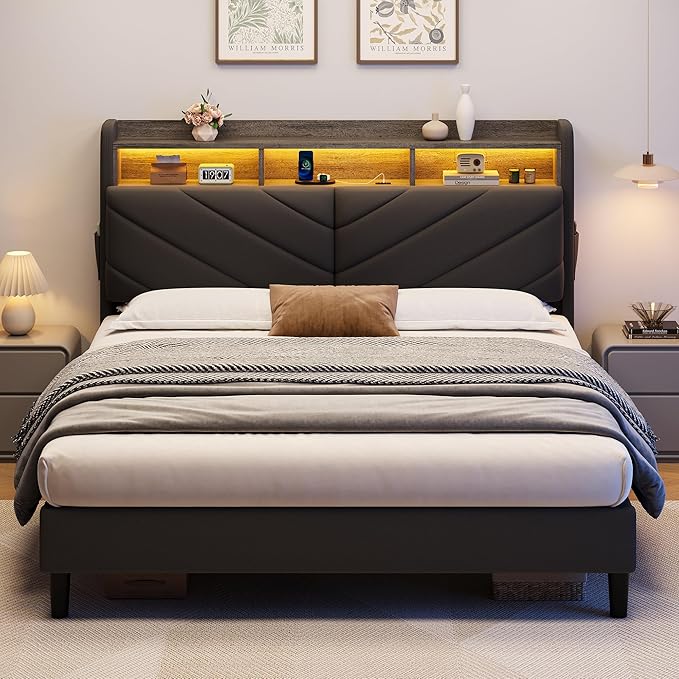 Queen Size Velvet Bed Frame with Ergonomic Headboard, Upholstered Platform Bed with LED Light & Charging Station, Wooden Slats Support, Noise-Free, No Box Spring Needed (Grey)